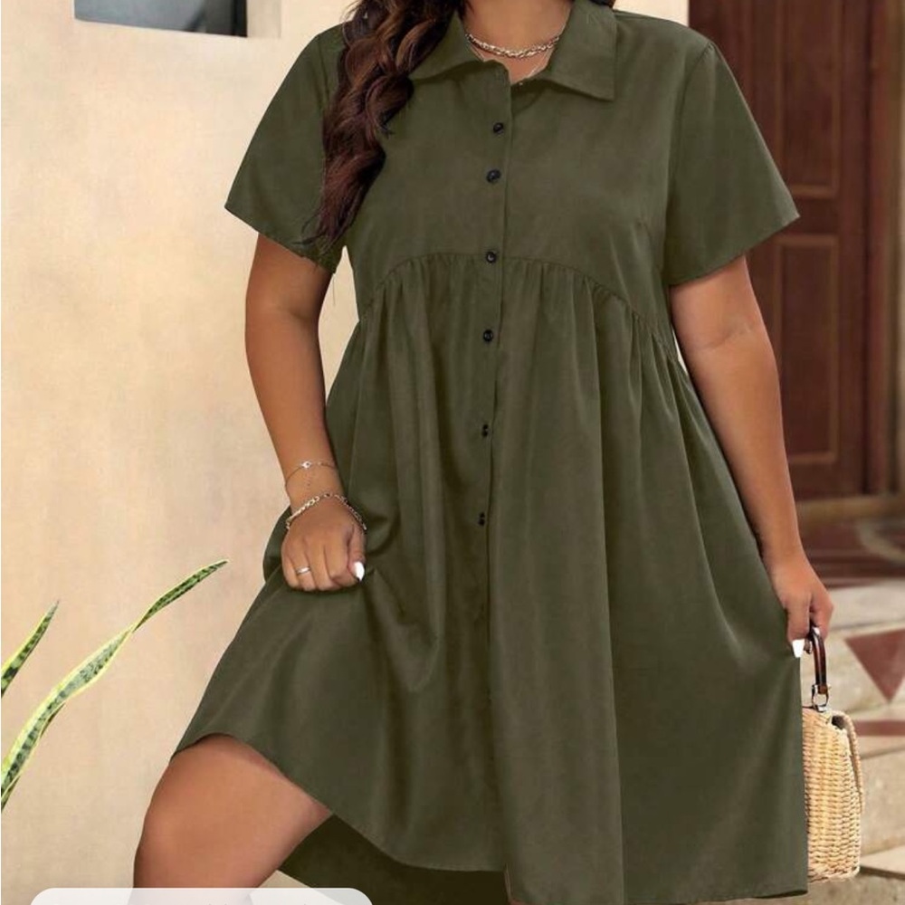 Casual Olive Green Button-Down Mini Dress